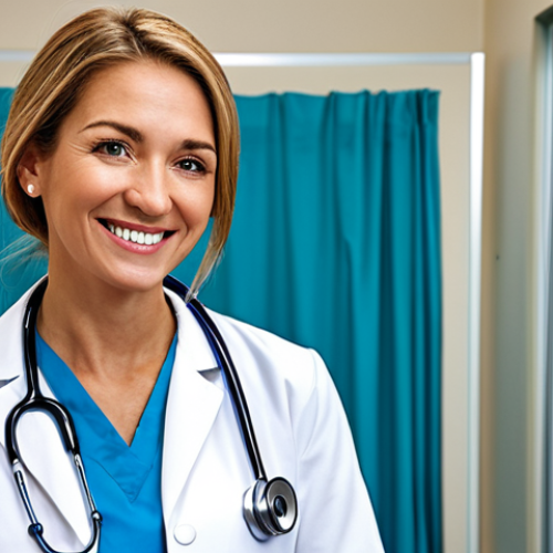 Home 14 **
A professional female doctor in a modest lab coat, stethoscope around her neck, smiling warmly in a bright and clean hospital examination room, fully clothed, appropriate attire, safe for work, perfect anatomy, natural proportions, professional medical photography, high quality.
**