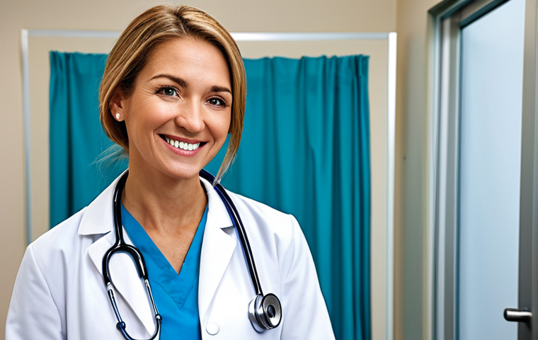 **
A professional female doctor in a modest lab coat, stethoscope around her neck, smiling warmly in a bright and clean hospital examination room, fully clothed, appropriate attire, safe for work, perfect anatomy, natural proportions, professional medical photography, high quality.
**