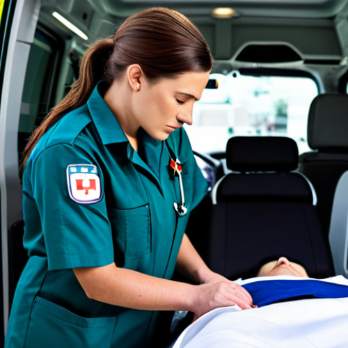 Home 9 **
A professional female paramedic in a fully clothed, modest uniform, attending to a patient in a modern, well-equipped ambulance. Appropriate attire, safe for work, perfect anatomy, natural proportions, professional medical setting, clear and focused photography.
**