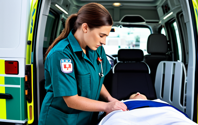 **
A professional female paramedic in a fully clothed, modest uniform, attending to a patient in a modern, well-equipped ambulance. Appropriate attire, safe for work, perfect anatomy, natural proportions, professional medical setting, clear and focused photography.
**