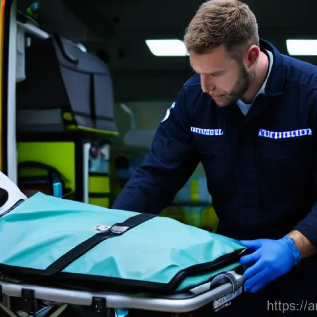 응급구조사와 환자 기록법 - **Prompt:** A focused male paramedic, mid-thirties, with a neatly trimmed beard, wearing a crisp, pr...
