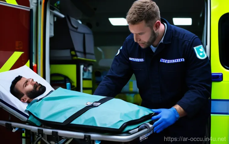 응급구조사와 환자 기록법 - **Prompt:** A focused male paramedic, mid-thirties, with a neatly trimmed beard, wearing a crisp, pr...