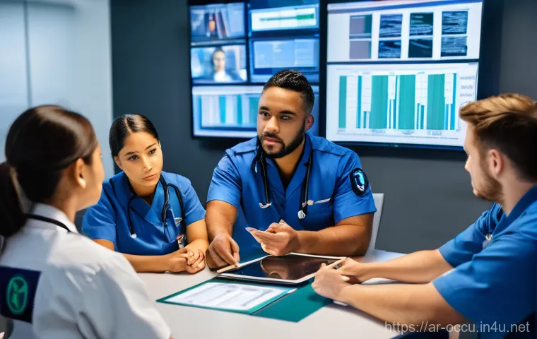 응급구조사와 환자 기록법 - **Prompt:** A diverse team of three healthcare professionals – a female doctor, a male nurse, and an...