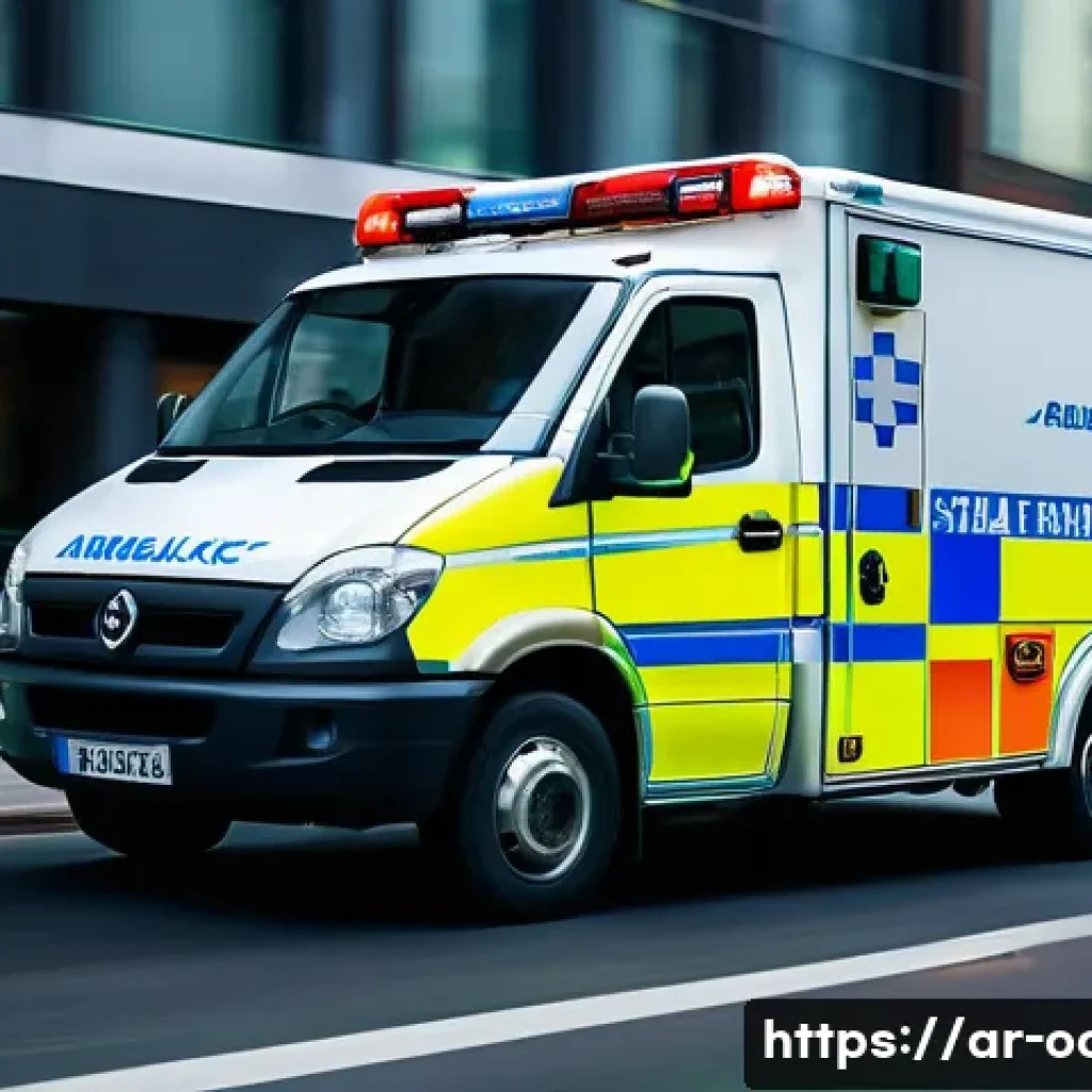 응급구조사와 출동 간 신속 대처법 - A dynamic, high-action image capturing the swift arrival of a modern ambulance at the scene of an em...