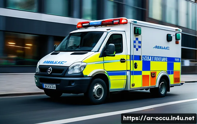 응급구조사와 출동 간 신속 대처법 - A dynamic, high-action image capturing the swift arrival of a modern ambulance at the scene of an em...