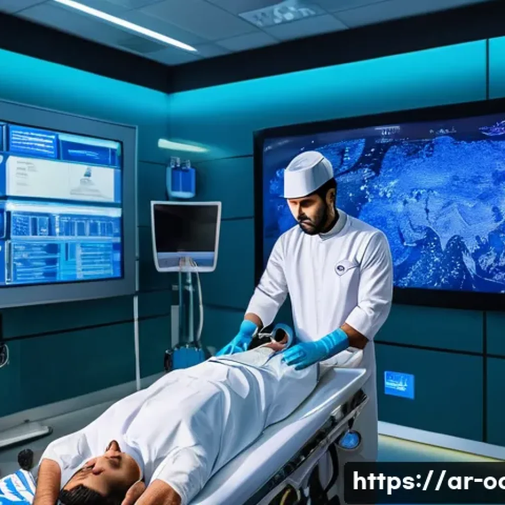 응급구조사와 전문 지식 확장법 - A realistic training simulation scene in an Arabic medical emergency center, showing a male paramedi...