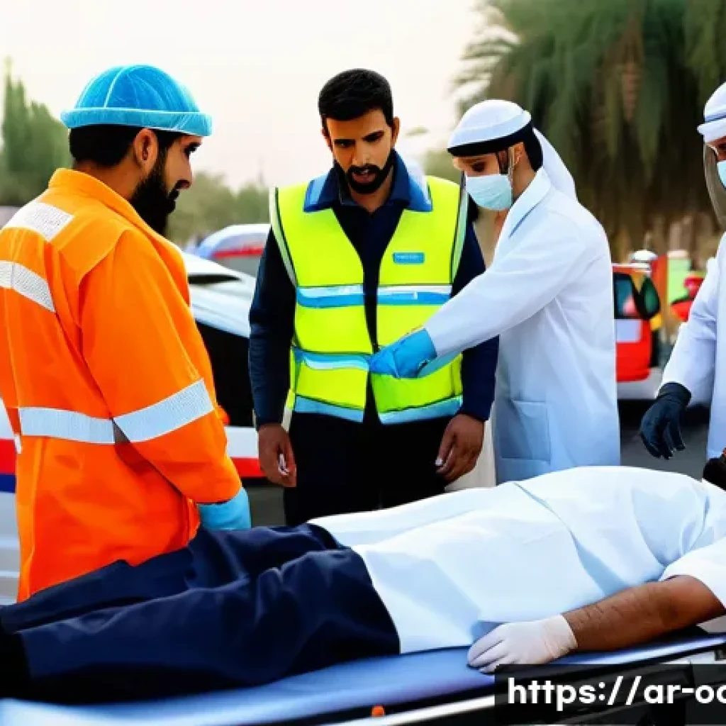 응급구조사와 윤리적 문제 해결 - A highly detailed scene of an Arab emergency medical team at the site of a severe car accident in a ...