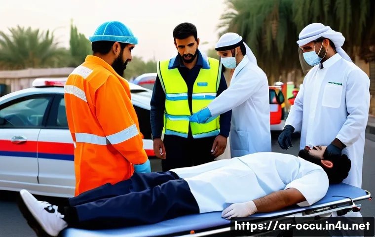 응급구조사와 윤리적 문제 해결 - A highly detailed scene of an Arab emergency medical team at the site of a severe car accident in a ...