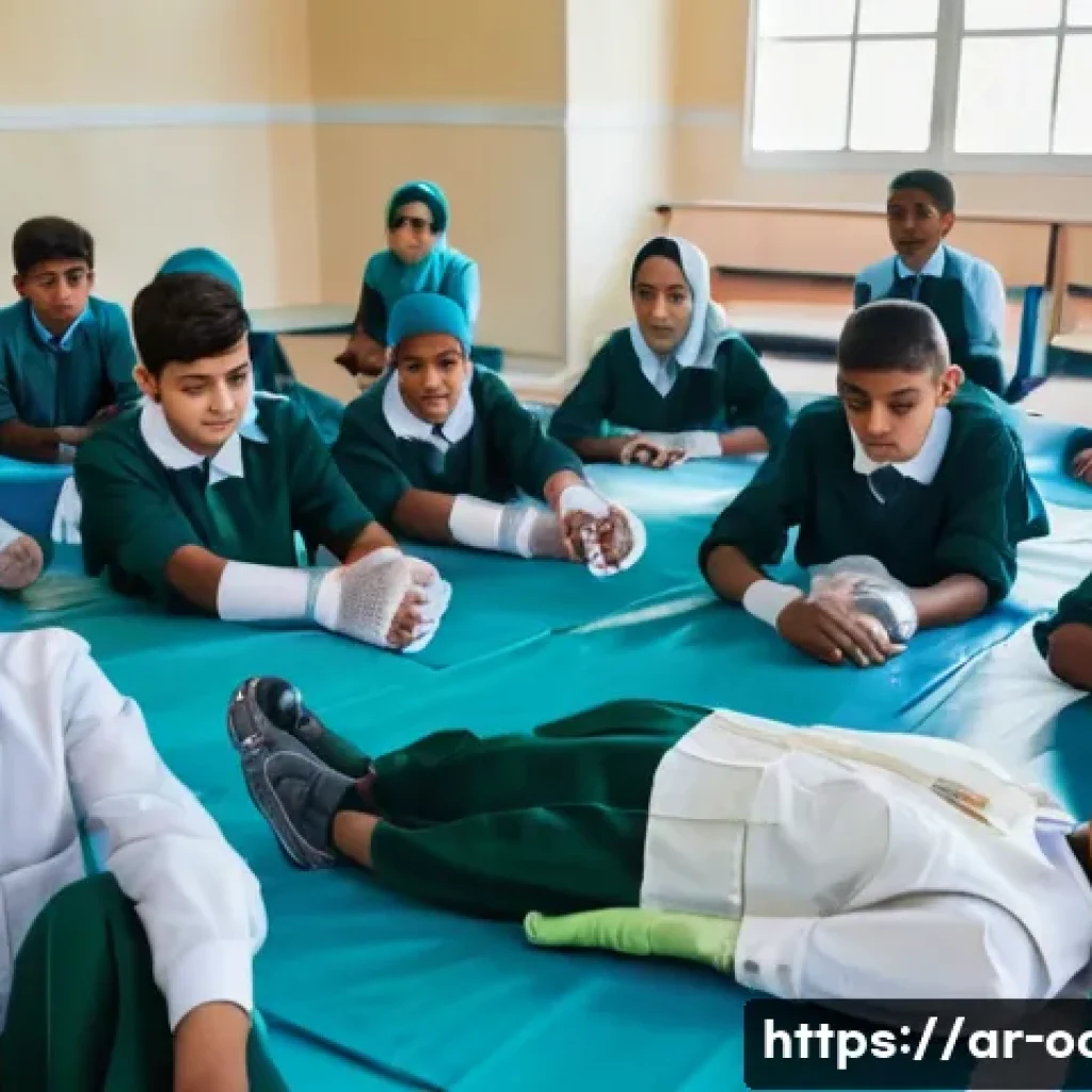 응급구조사와 학교 응급처치 교육 - A vibrant classroom scene in a modern Arabic school, where a diverse group of students aged around 1...