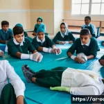 응급구조사와 학교 응급처치 교육 - A vibrant classroom scene in a modern Arabic school, where a diverse group of students aged around 1...