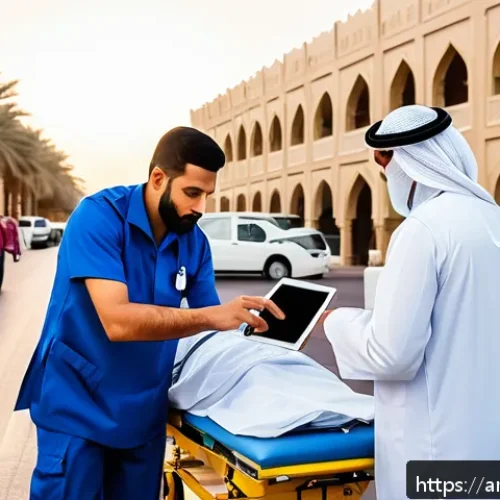 응급구조사와 출동 리포트 작성법 - A detailed emergency medical response scene set in a busy Riyadh street at sunset, showing a male pa...
