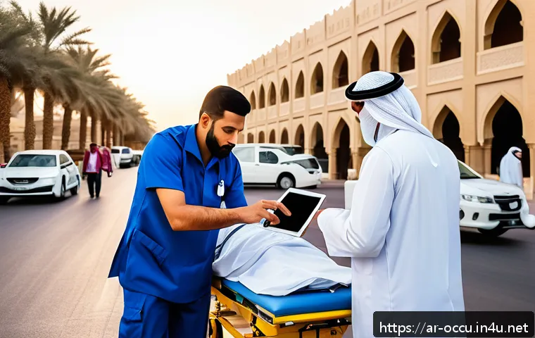 응급구조사와 출동 리포트 작성법 - A detailed emergency medical response scene set in a busy Riyadh street at sunset, showing a male pa...
