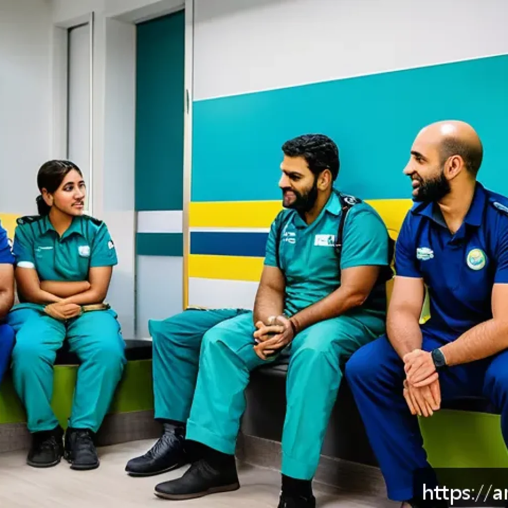 응급구조사 직업 만족도 - A professional emergency medical technician (EMT) team in a modern ambulance station in an Arabic-sp...