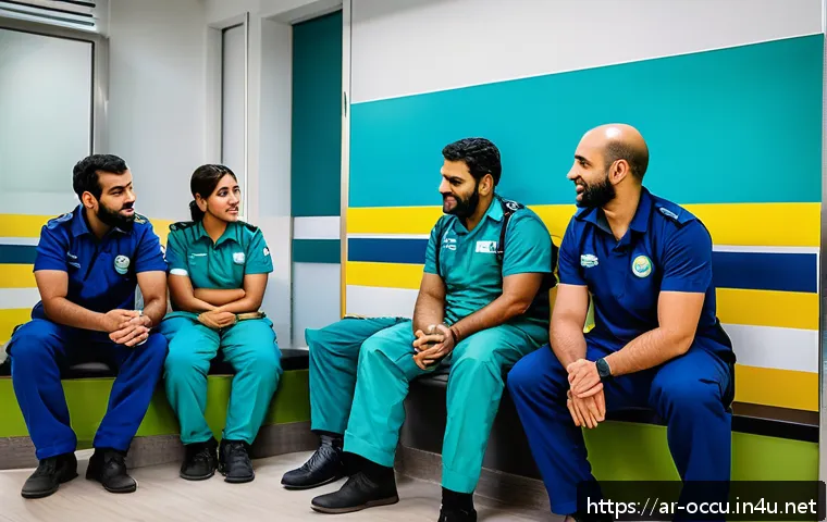 응급구조사 직업 만족도 - A professional emergency medical technician (EMT) team in a modern ambulance station in an Arabic-sp...