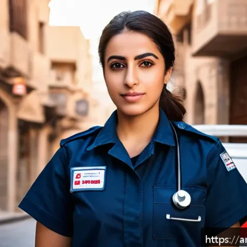 응급구조사 인성면접 준비 - A professional Middle Eastern emergency medical technician (EMT) woman in her late 20s, wearing a ne...