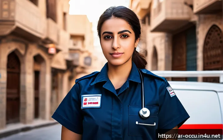 응급구조사 인성면접 준비 - A professional Middle Eastern emergency medical technician (EMT) woman in her late 20s, wearing a ne...