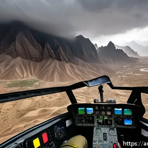 응급구조사와 헬리콥터 구조 - A detailed scene of a modern air rescue helicopter navigating through a rugged mountainous area in S...