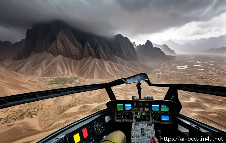 응급구조사와 헬리콥터 구조 - A detailed scene of a modern air rescue helicopter navigating through a rugged mountainous area in S...