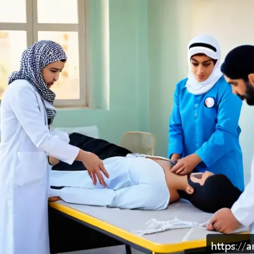 응급구조사 논술 시험 준비 - A detailed, realistic scene of an Arabic first aid training workshop in a modern classroom setting i...