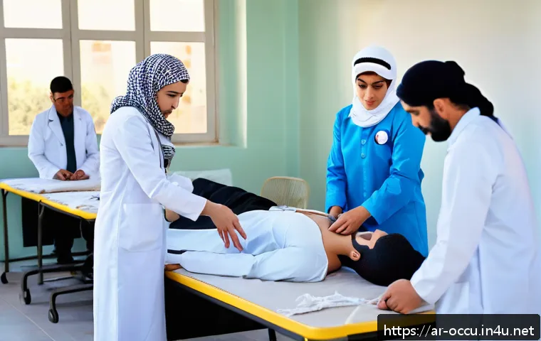 응급구조사 논술 시험 준비 - A detailed, realistic scene of an Arabic first aid training workshop in a modern classroom setting i...