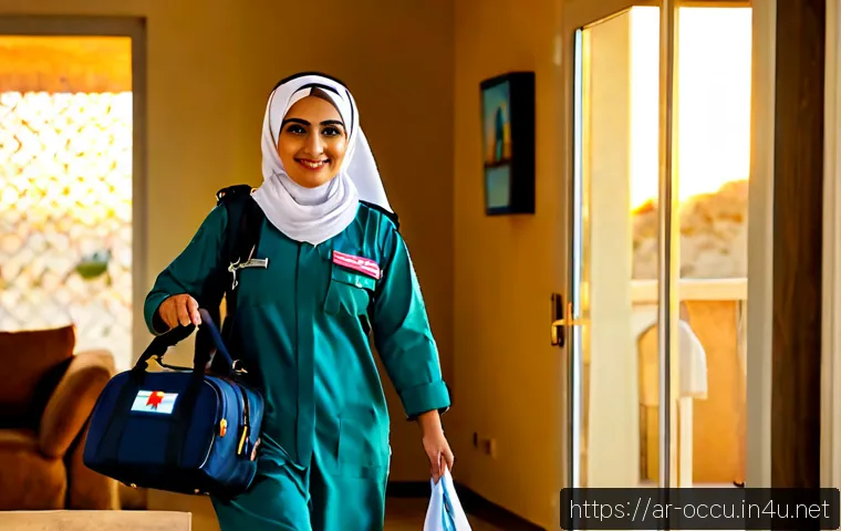 응급구조사와 워라밸 유지 - Photorealistic Arab female paramedic in modest professional uniform and hijab arriving home at sunse...